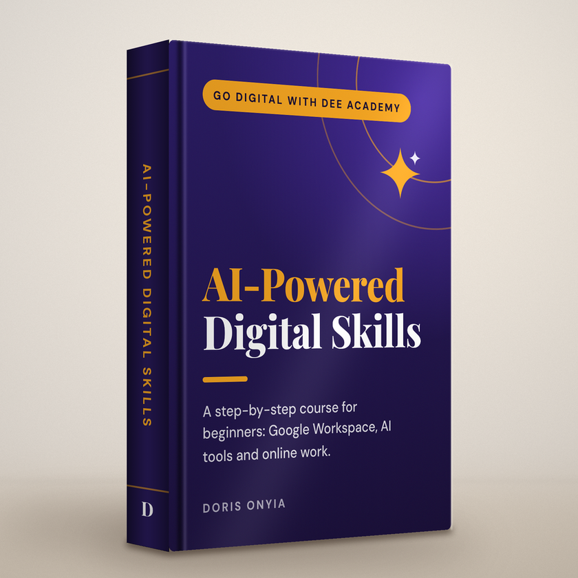 AI-Powered Digital Skills by Doris Onyia, shown as a book standing on a table